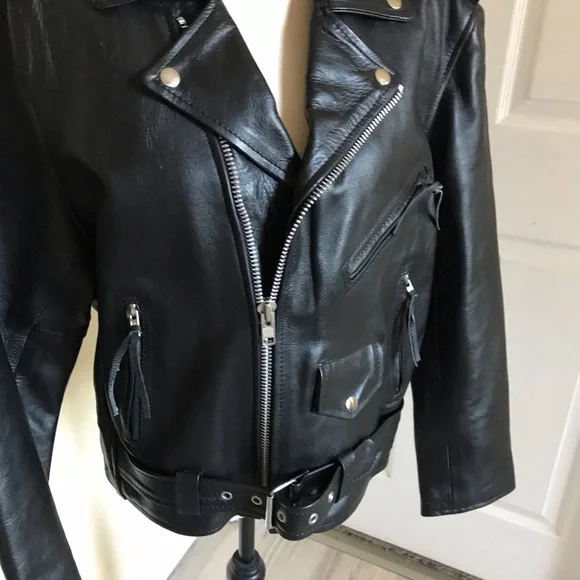 Shaf Black Motorcycle Biker Leather Jacket Men’s Size 42 NWOT Belted - Picture 2 of 14
